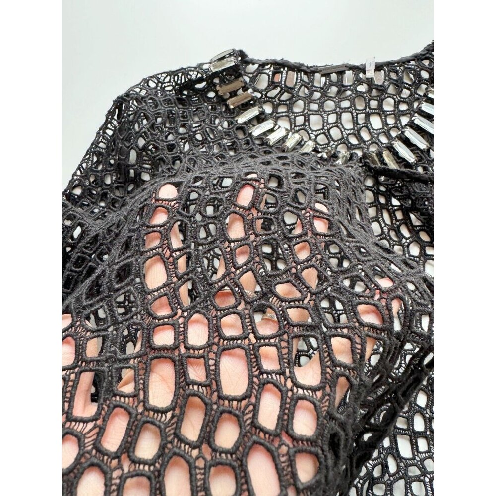 ELIE TAHARI Black Cotton Broderie Anglaise Beaded Lace Cardigan Sweater, Size 2 - Picture 10 of 15
